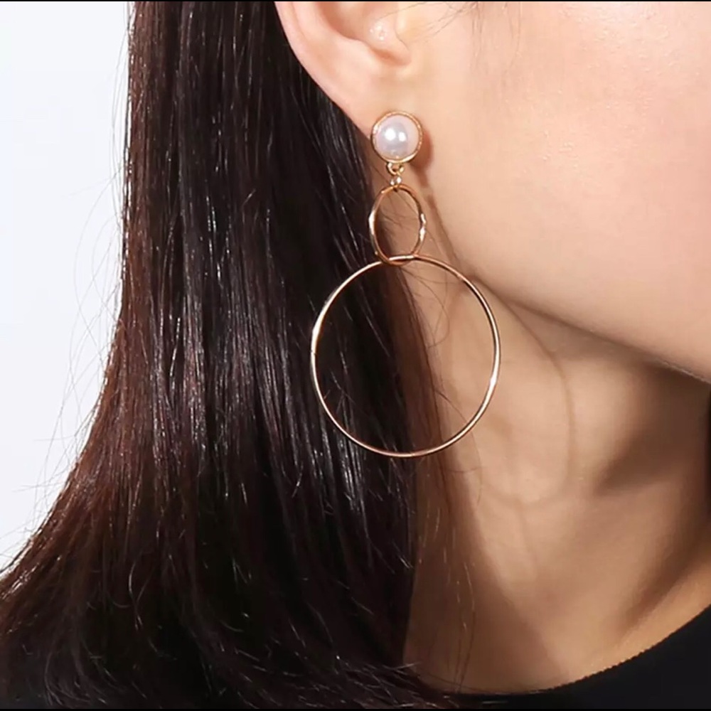 Gold plated double hoop drop earrings